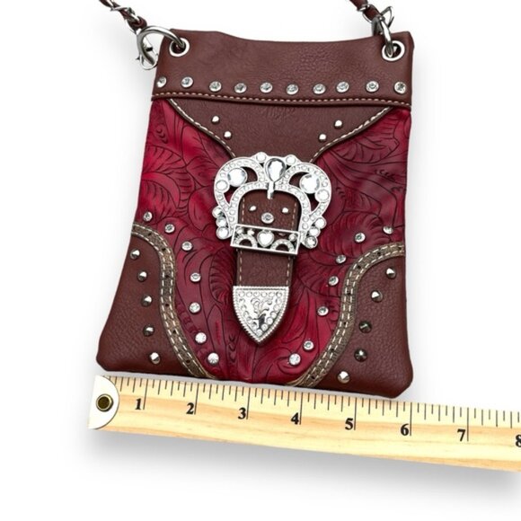 Western Faux Leather Red Mini Purse Rhinestone Buckle Stampede Cowgirl Country - Picture 10 of 11